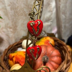 Chic Red Heart Earrings with Gold Detailing